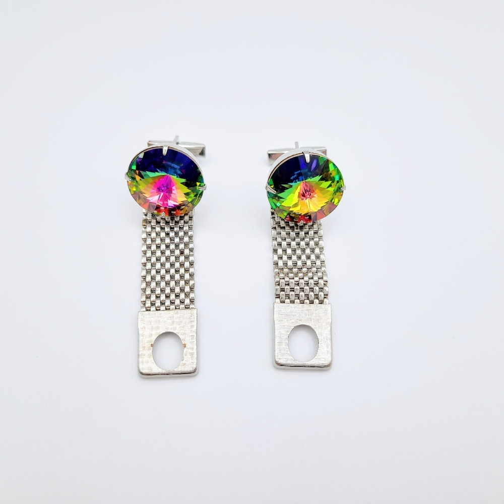 Vintage Rainbow Rivoli Crystal Silver Tone Mesh Cufflinks - Picture 8 of 12